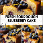 A golden Sourdough Lemon Blueberry Breakfast Cake topped with fresh blueberries and lemon zest on a rustic plate. 26